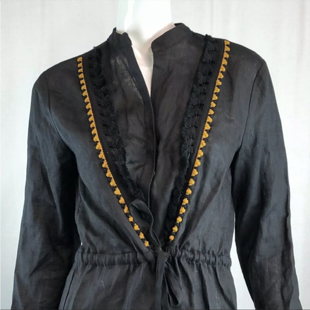 Zara Women's Small Linen V Neck Black Rick Rack Lace Tunic Mini Shirt Dress